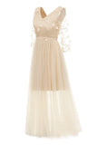 Apricot Tulle Long Sleeve Vintage Dress With Appliques
