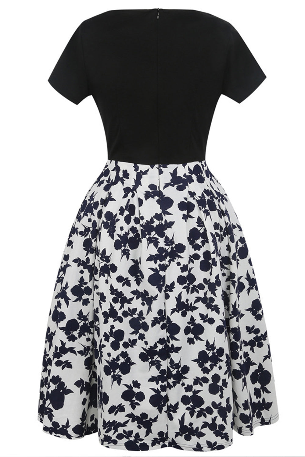 Boat Neck Printed Black 1950s Dress with Short Sleeves
