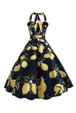 Halter Sleeveless Printed Navy 1950s Dress with Bow