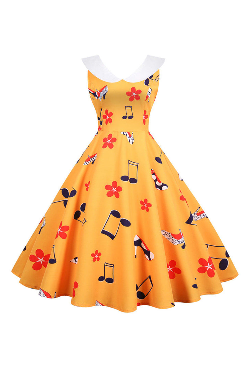 Printed Sleeveless Yellow Vintage 50s Dress