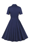 Navy Short Sleeves Button 1950s Dress