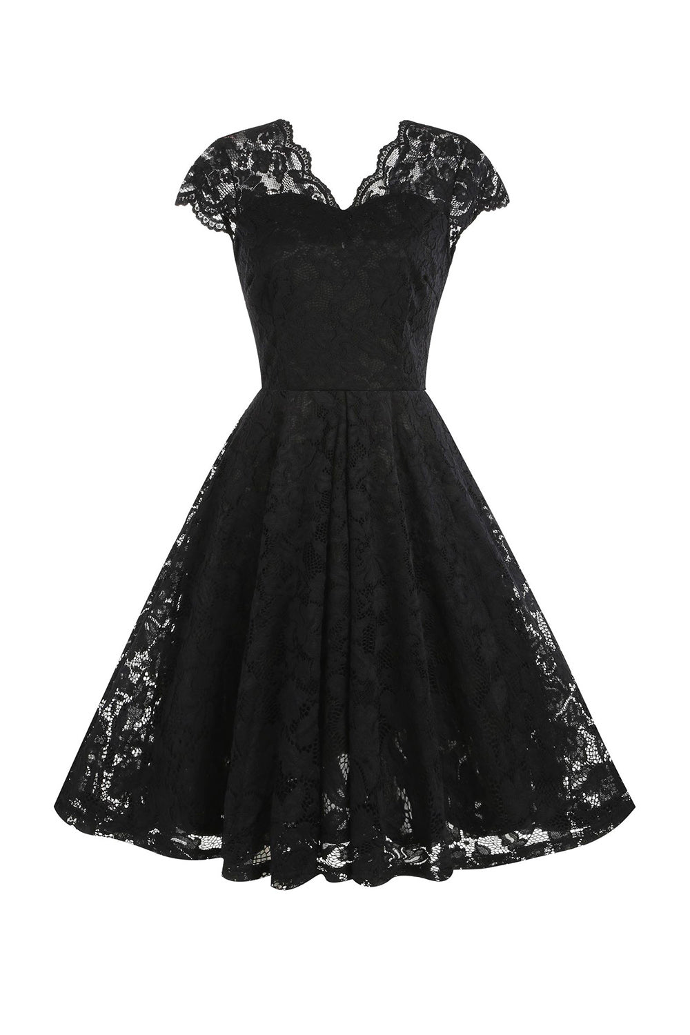 V Neck Black Lace Hepburn Style 1950s Dress