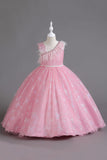 Pink Bowknot Sleeveless A Line Girls Dresses With Feathers