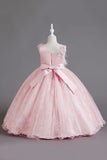 Pink Bowknot Sleeveless A Line Girls Dresses With Feathers