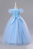 A Line Blue Puff Sleeves Appliques Girls Dresses With Bow