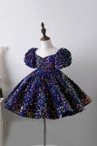 Blue A Line Puff Sleeves Sequins Girls Dresses