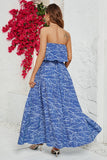 Blue Printed Strapless Long Summer Dress With Slit