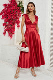 Red Deep V-neck Cap Sleeves Party Dress
