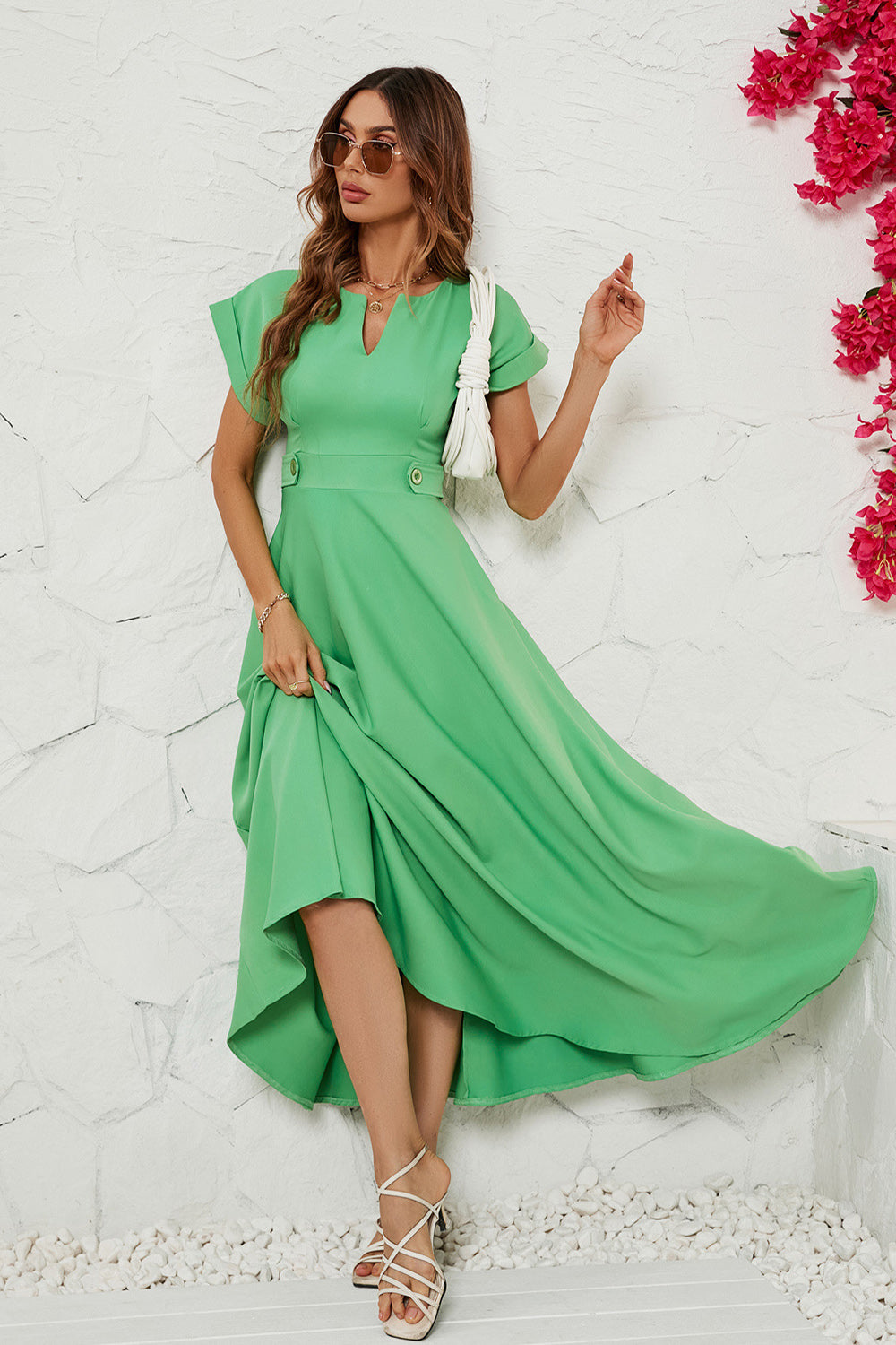 Green Short Sleeves Tea Length Summer Dress