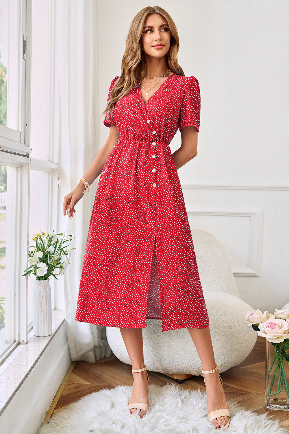Red Printed Short Sleeve V-Neck Summer Dress With Slit