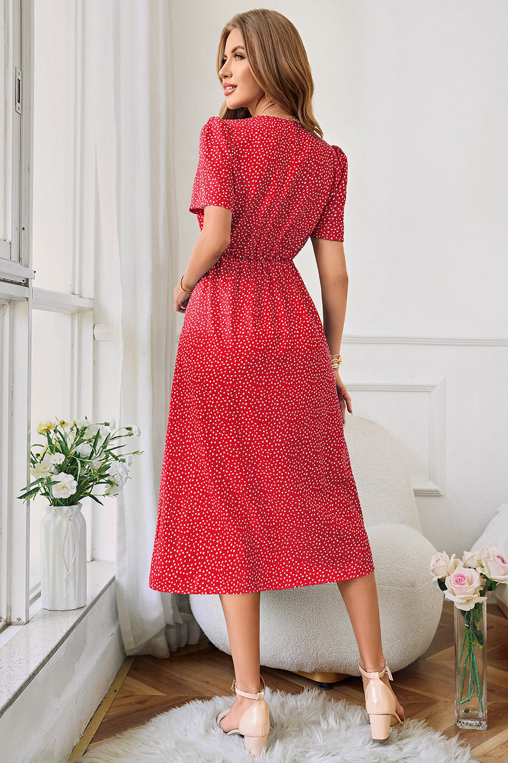 Red Printed Short Sleeve V-Neck Summer Dress With Slit