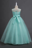 Tulle A-Line Round Neck Green Girls Dresses with Appliques