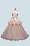 Boat Neck Sleeveless Pink Girls Dresses with Bow