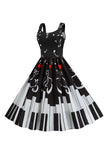 Black A Line Sleeveless Printed 1950s Dress