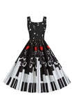 Black A Line Sleeveless Printed 1950s Dress
