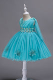 Blue A Line Bowknot Girls Party Dresses With 3D Flowers