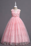 Pink Round Neck Girls Dresses With 3D Flowers