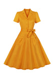 Yellow Swing V Neck Vintage Dress With Short Sleeves