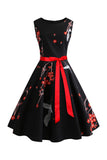 Black Sleeveless Printed Swing Vintage Dress
