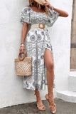 White Square Neck Printed Summer Dress With Short Sleeves