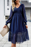 Black A-Line V-Neck Long Sleeves Casual Dress