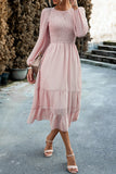 Pink A-Line Long Sleeves Midi Casual Dress