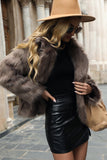 Lapel Neck Khaki Faux Fur Cropped Women Coat