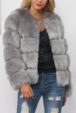 Shawl Lapel Cropped Grey Women Faux Fur Coat