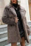 Khaki Lapel Neck Midi Women Faux Fur Coat