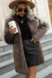 Khaki Lapel Neck Midi Women Faux Fur Coat