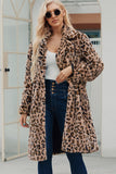 Notched Lapel Leopard Printed Brown Long Women Faux Fur Coat
