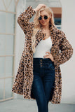 Notched Lapel Leopard Printed Brown Long Women Faux Fur Coat