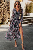 Black Print A Line Long Sleeves Casual Dress with Slit