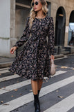 Black Floral Print Round Neck Long Sleeves Casual Dress