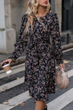 Black Floral Print Round Neck Long Sleeves Casual Dress