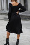Black A Line Off the Shoulder Long Sleeves Casual Dress with Belt