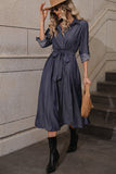 Navy A Line Long Sleeves Casual Dress with Belt