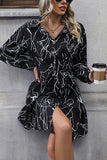 Black Long Sleeves Printed Casual Dress with Buttons