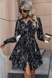 Black Long Sleeves Printed Casual Dress with Buttons