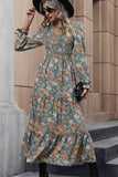 Green V-Neck Printed Long Sleeves Casual Dress with Pleated
