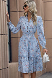 Floral Printed V-Neck Long Sleeves A Line Casual Dress