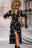 Black Feathers Print Long Sleeves Long Casual Dress with Slit