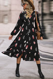 Black Feathers Print Long Sleeves Long Casual Dress with Slit