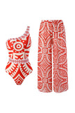 Red Two Piece Printed Pants Swimsuit