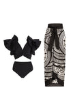 Black 3 Piece Printed Swimsuit with Skirt