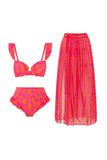 Fuchsia Printed 3 Piece Vacation Swimsuit with Skirt