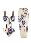 Beige Floral Printed 2 Piece Swimsuit with Skirt