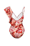 Red Leaves Printed 2 Piece Swimsuit with Skirt