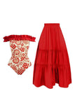 Red Floral Printed 2 Piece Swimsuit with Skirt