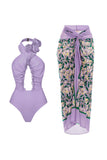 Purple Floral Print 2 Piece Swimsuit with Skirt